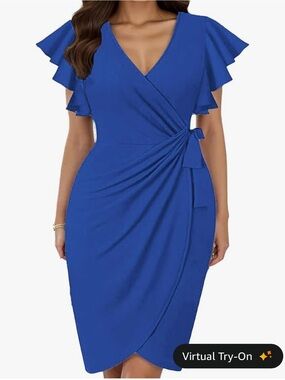 Waist slimming faux wrapChic Midi Dress with Flutter Sleeves